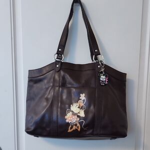 Disney Parks Minnie Mouse Genuine Leather Tote Bag Brown Large Shoulder Bag